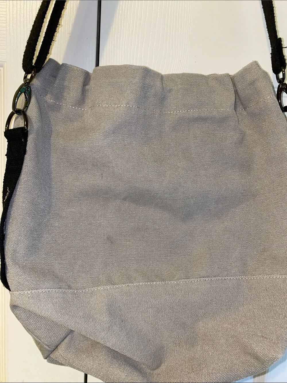 Gray Canvas Drawstring Tote with Embroidered Accent